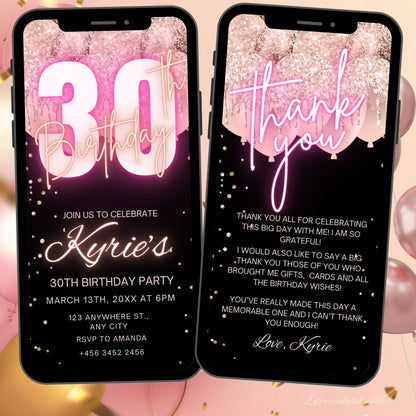 Digital Rosegold 30th Birthday Invitation Template For Her, Animated Thirtieth Black Rose Gold Balloon Invite, Editable Pink Itinerary Ecard