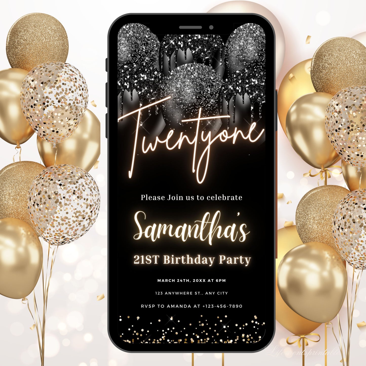 Digital Twenty One 21st Birthday Invitation Template 21st Electronic Birthday Invite Black Gold Birthday Invitation, Editable Text Message