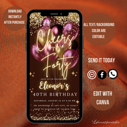 Digital 40th Birthday Invitation Template For Her Gold, Neon Fortieth Purple Gold Balloon Invite For Him, Editable Itinerary eCard