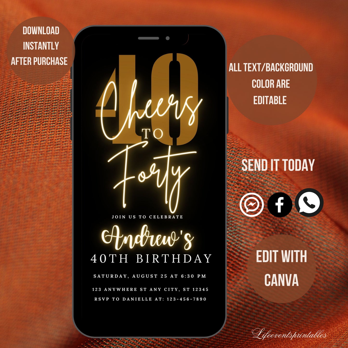 Digital 40th Birthday Invitation Template, Fortieth Birthday Party Invite Self Editable Template