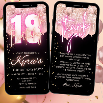 Digital Rose Gold 18th Birthday Invitation Template For Girls, Animated Electronic Rose Gold Balloon Eighteenth Birthday Invites