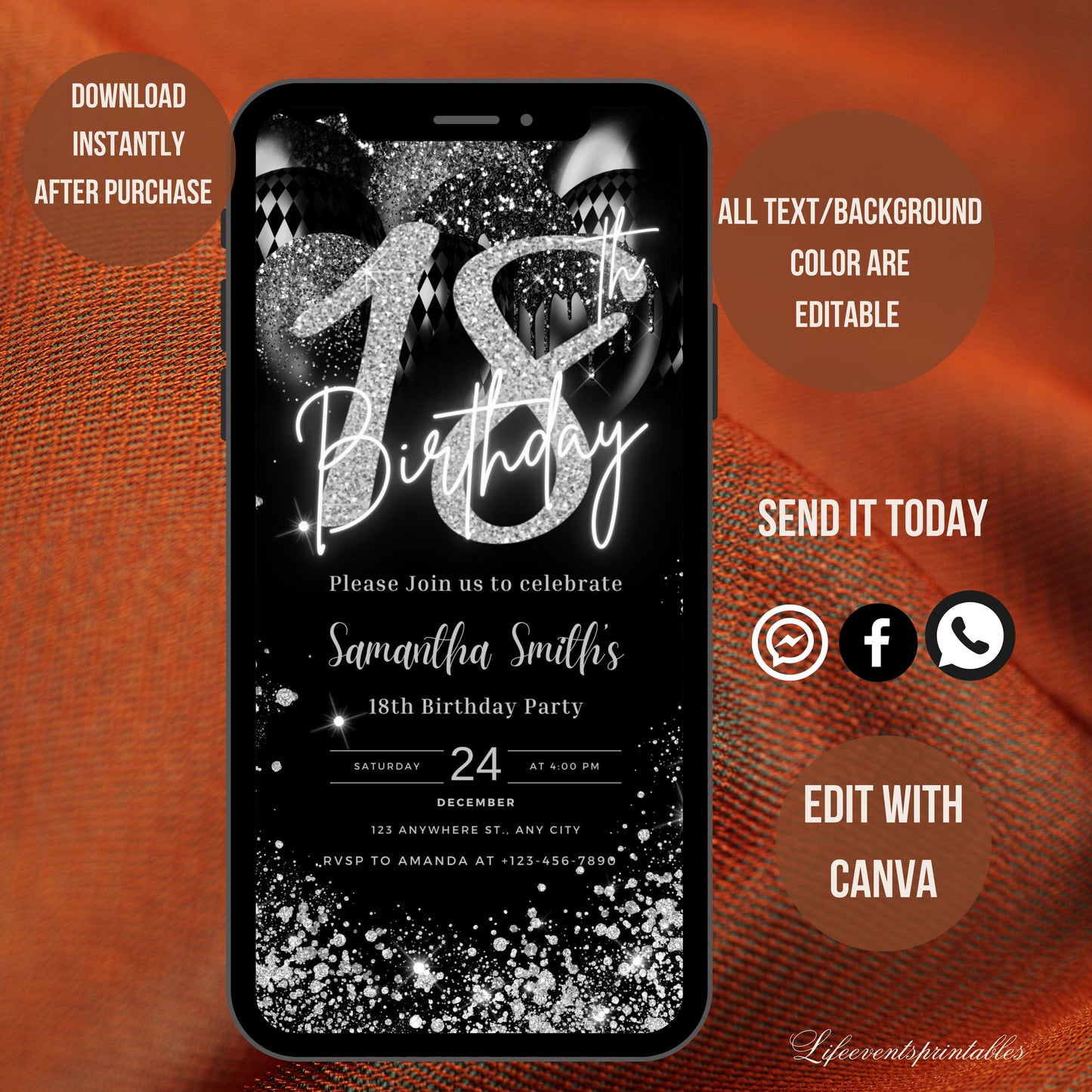 Digital 18th Birthday Invitation Template, Electronic 18th Party Invite, Black Silver Neon Text Evite, Digital Invite Glitter Birthday Party