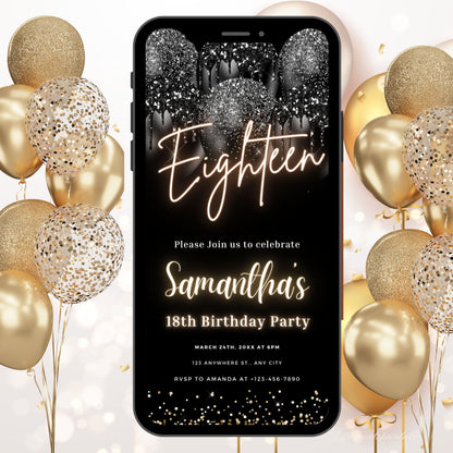 Digital 18th Birthday Invitation Template, Electronic 18th Party Invite, Black Neon Text Evite, Balloon Digital Invite Glitter Birthday