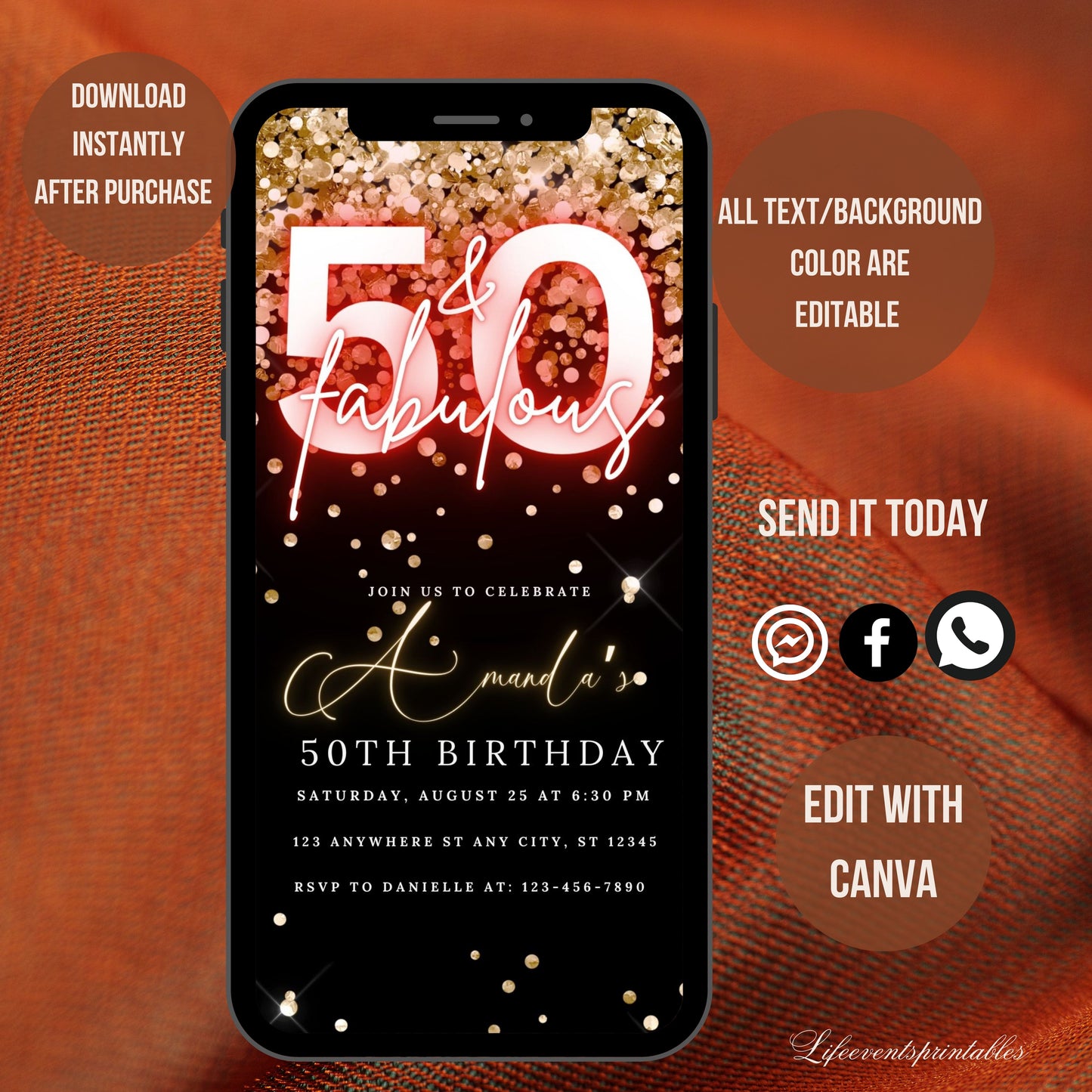 Digital 50th Birthday Invitation For Women, Editable 50th Invite Evite, Virtual Rustic Fifty Party Invite For Her, Birthday Invite For Her