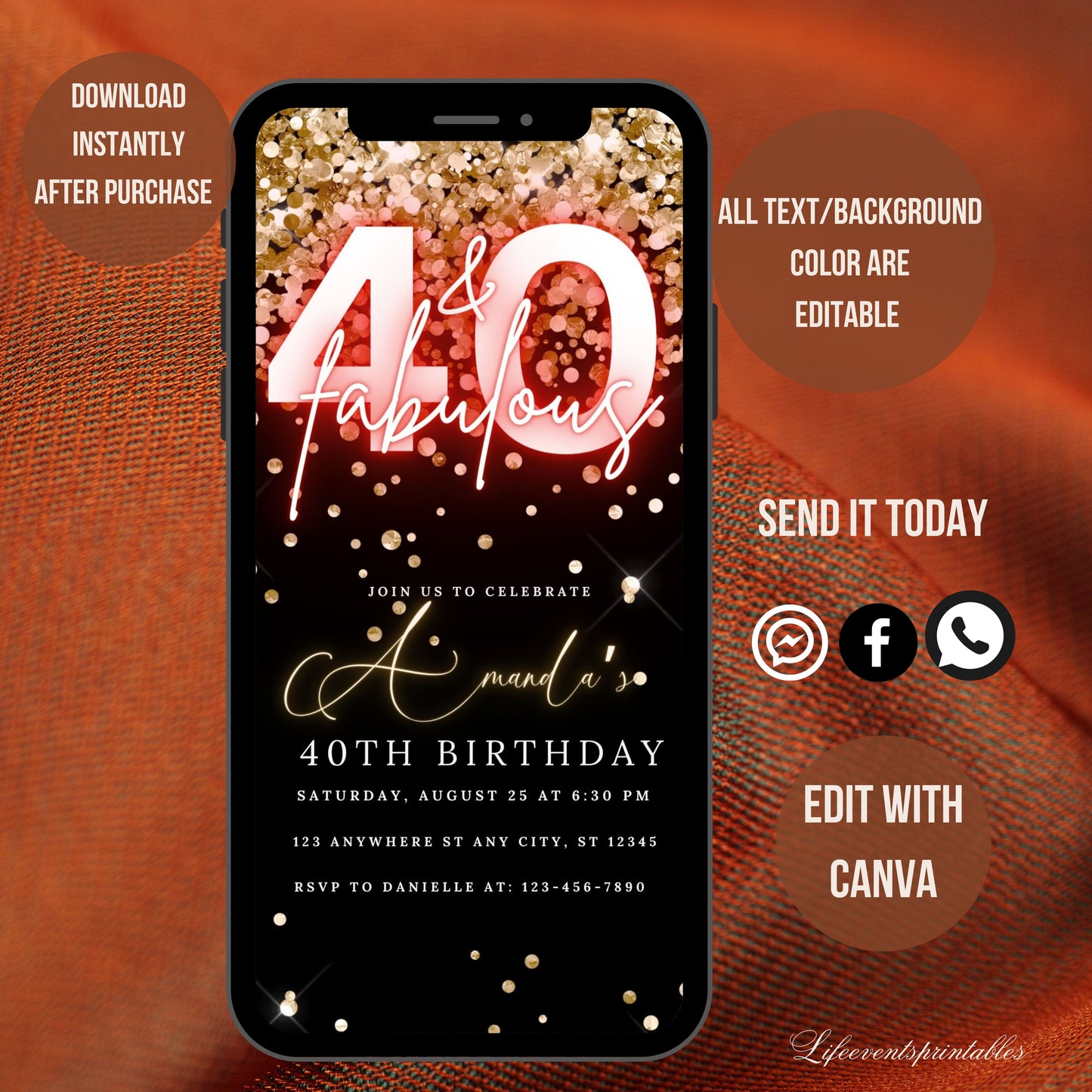 Forty Birthday Invitation, 40th Birthday invite, Fortieth E-Invite Template, Text Message Invitation, Digital Invite, Mobile Phone Evite