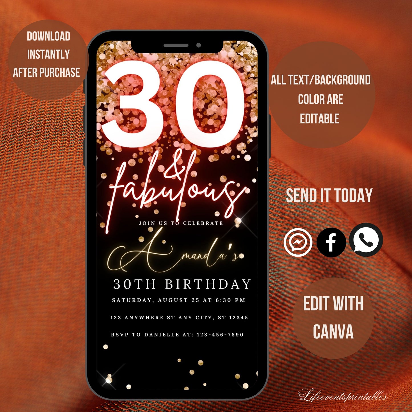 Digital 30th Birthday Invitation Template, Thirtieth Neon Birthday Evite Editable, Glittery 30th Party Invitation Digital Ecard