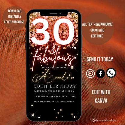 Digital 30th Birthday Invitation Template, Thirtieth Neon Birthday Evite Editable, Glittery 30th Party Invitation Digital Ecard