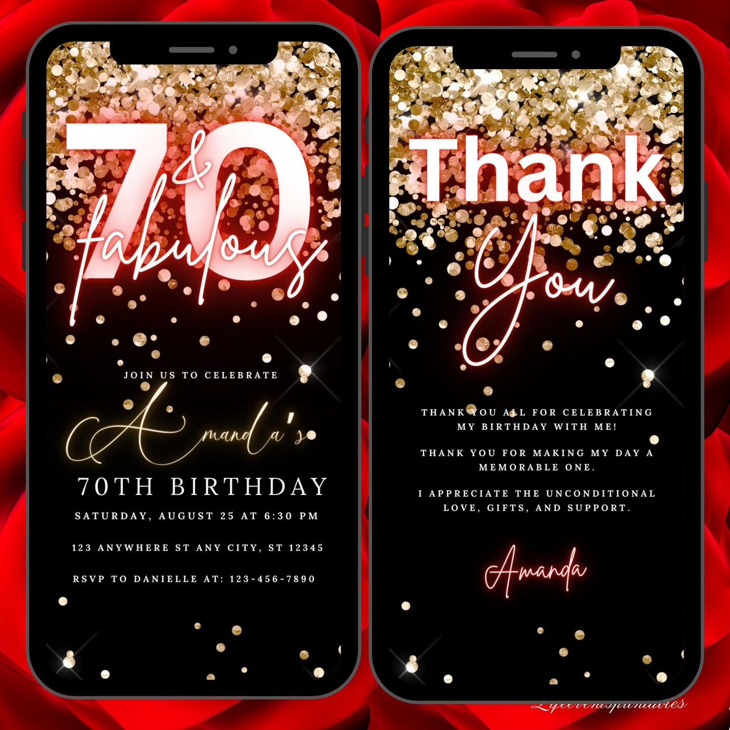 Digital Seventieth Birthday Invitation Template 70th Electronic Birthday Invite Black Silver Gold Birthday Invitation, Editable Text Message