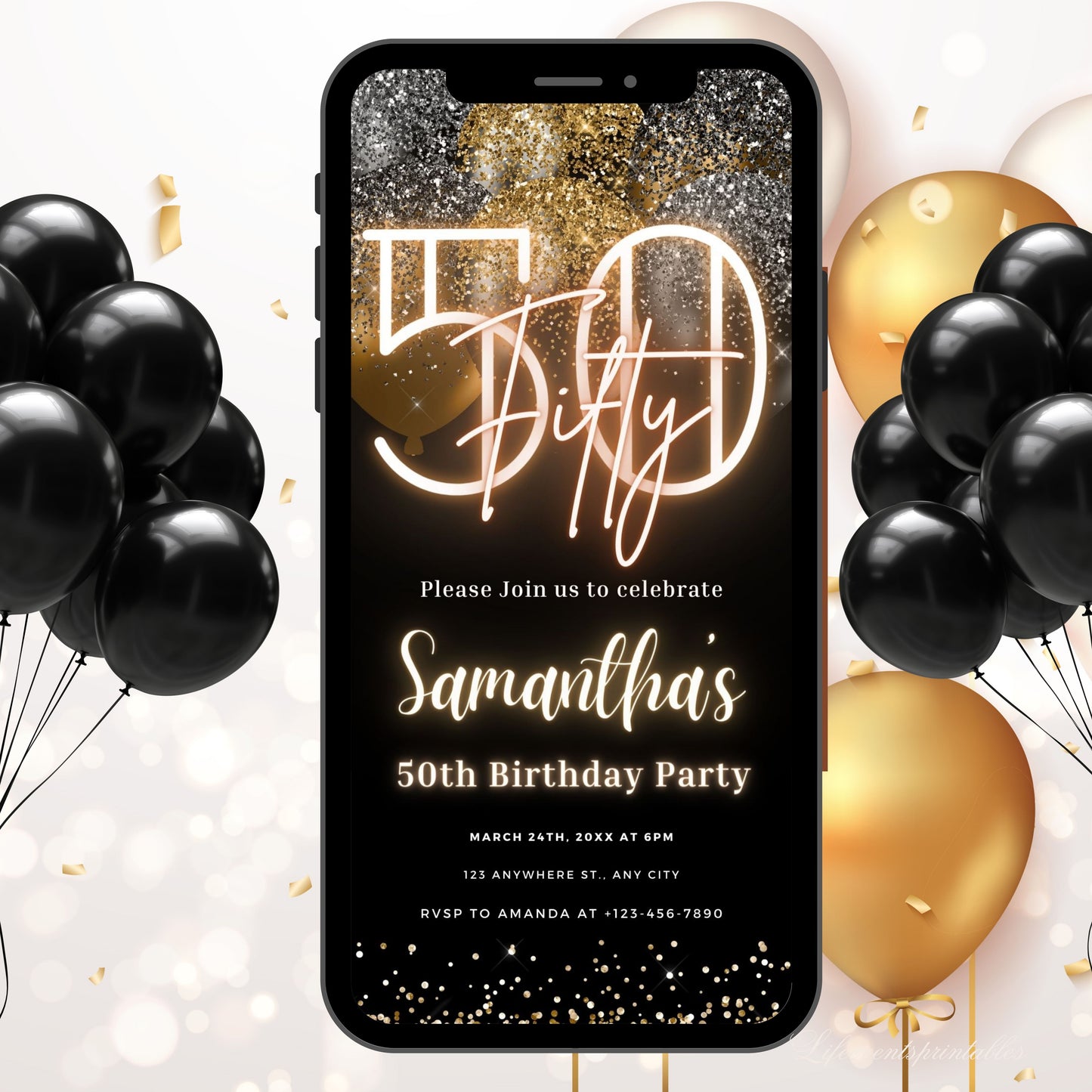 Digital 50th Birthday Invitation Template For Her Gold, Neon Fiftieth Black Gold Balloon Invite For Him, Editable Itinerary eCard