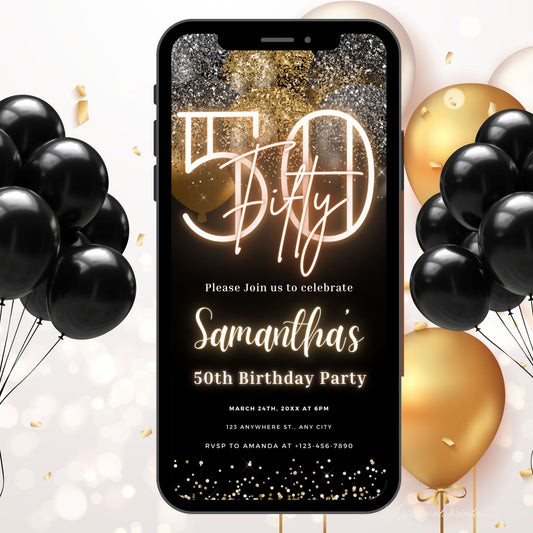 Digital 50th Birthday Invitation Template For Her Gold, Neon Fiftieth Black Gold Balloon Invite For Him, Editable Itinerary eCard