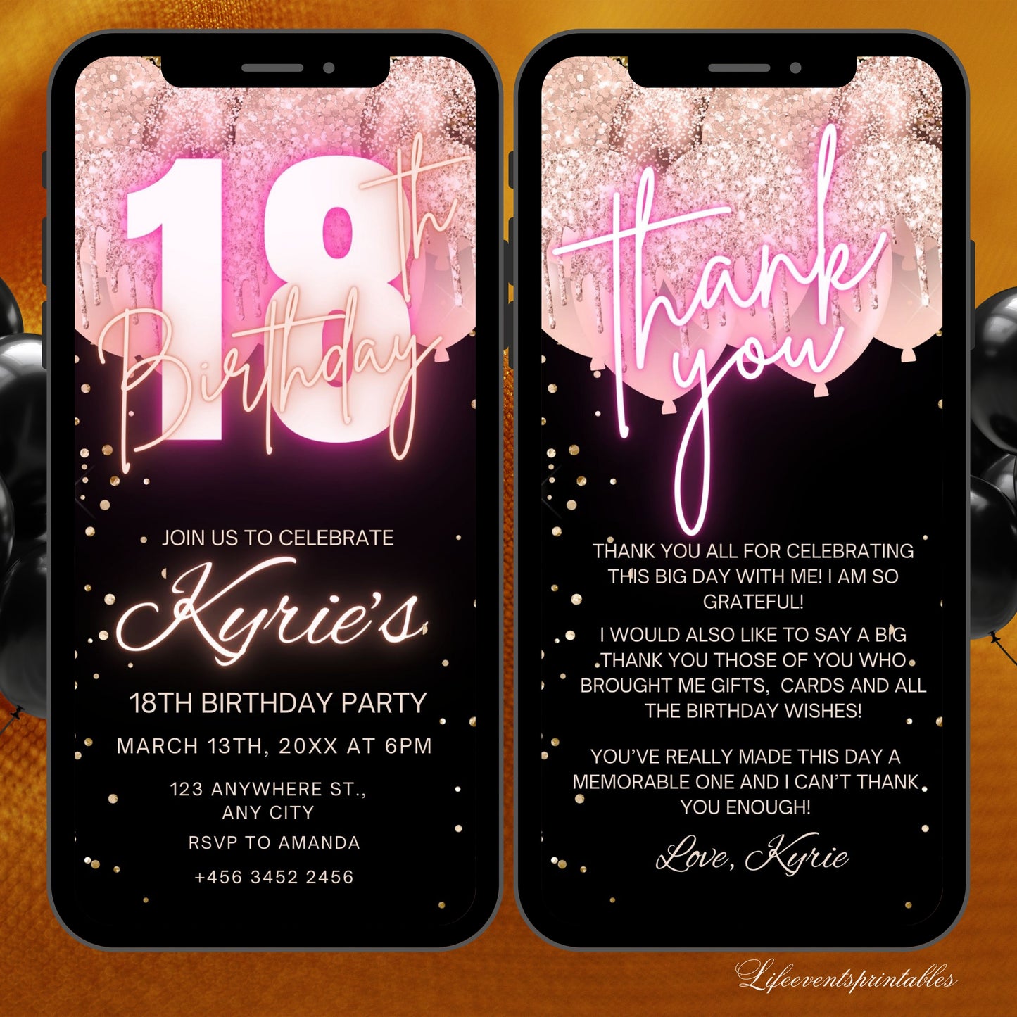 Digital Rose Gold 18th Birthday Invitation Template For Girls, Animated Electronic Rose Gold Balloon Eighteenth Birthday Invites