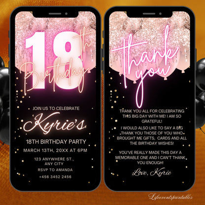 Digital Rose Gold 18th Birthday Invitation Template For Girls, Animated Electronic Rose Gold Balloon Eighteenth Birthday Invites