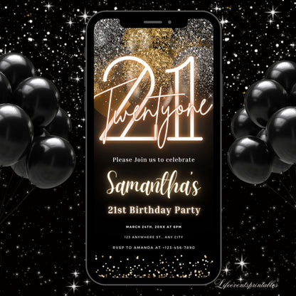 Digital Twenty One 21st Birthday Invitation Template 21st Electronic Birthday Invite Black Gold Birthday Invitation, Editable Text Message