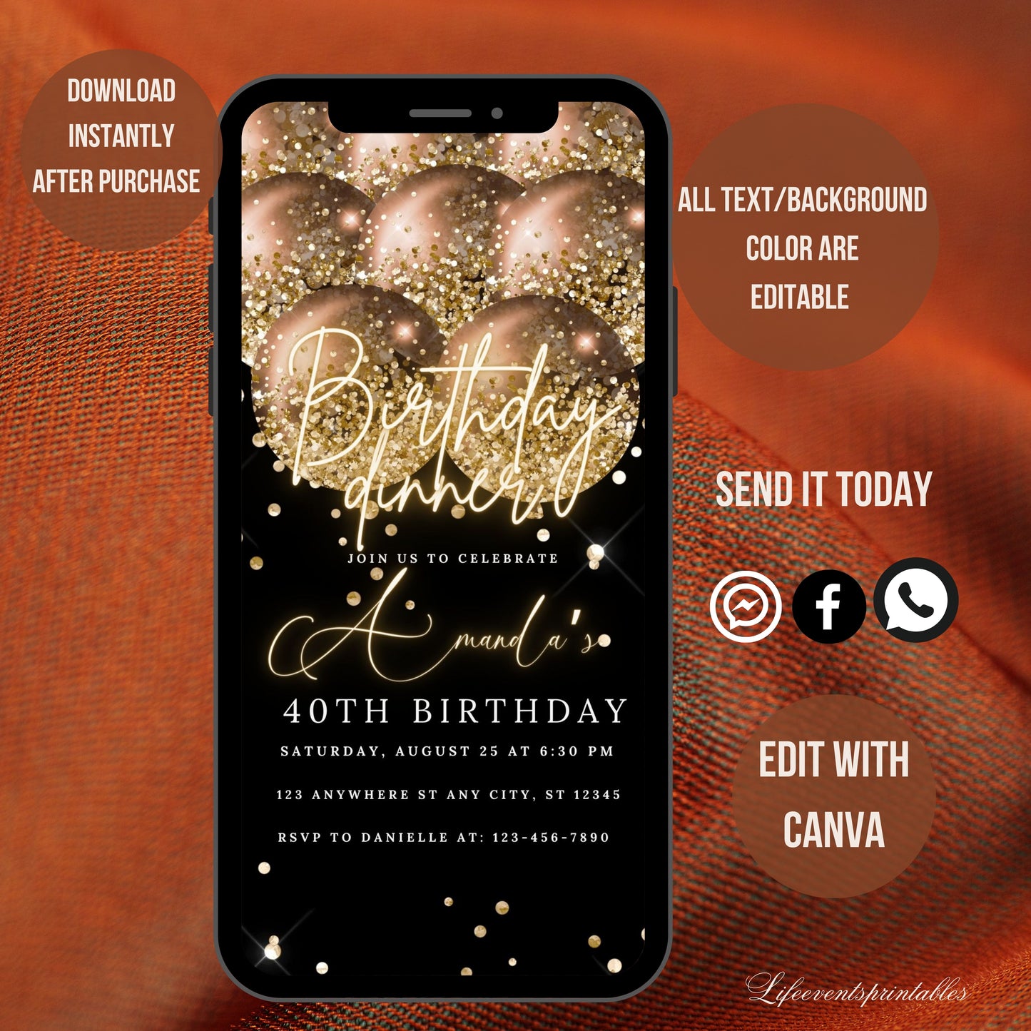 Digital Brown Gold Birthday Party Invitation, Brown Gold Glitter Editable Template, Any Age Evite Instant Download, Phone Birthday Evite