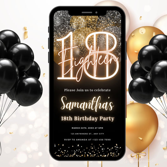 Digital 18th Birthday Invitation Template, Electronic 18th Party Invite, Black Gold Neon Text Evite, Balloon Digital Invite Glitter Birthday