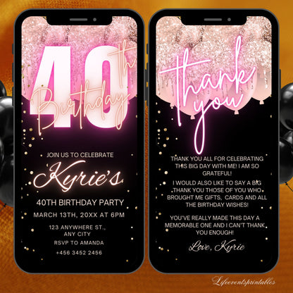 Digital Rosegold 40th Birthday Invitation Template For Her, Animated Fortieth Black Gold Balloon Invite, Editable Pink Itinerary Ecard