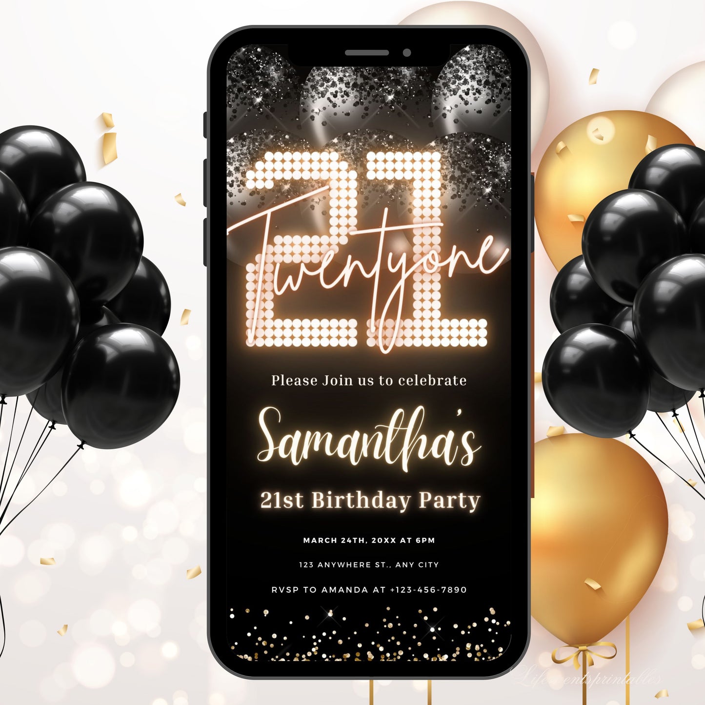 Digital Twenty One 21st Birthday Invitation Template 21st Electronic Birthday Invite Black balloon Birthday Invitation, Editable Text Message