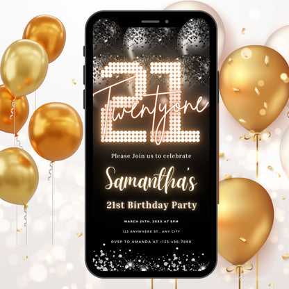 Digital Twenty One 21st Birthday Invitation Template 21st Electronic Birthday Invite Black balloon Birthday Invitation, Editable Text Message