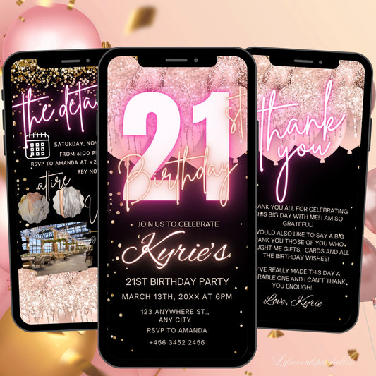 Digital 21ST Birthday Invitation Template For Her Rosegold, Animated Twenty First RoseGold Balloon Invite Editable Pink Itinerary eCard