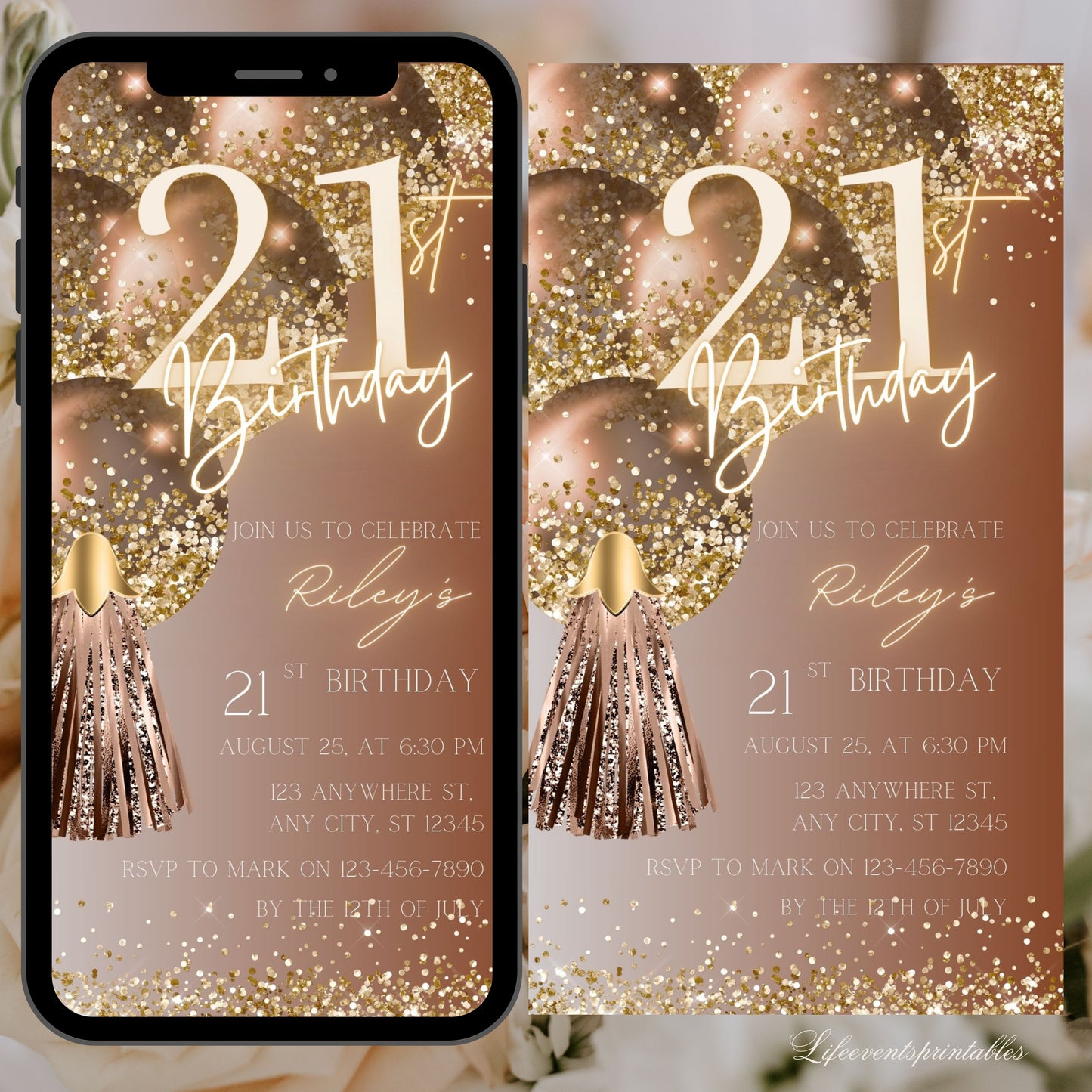 Digital Twenty One 21st Birthday Invitation Template 21th Electronic Birthday Invite Rose Gold Birthday Invitation, Editable Text Message