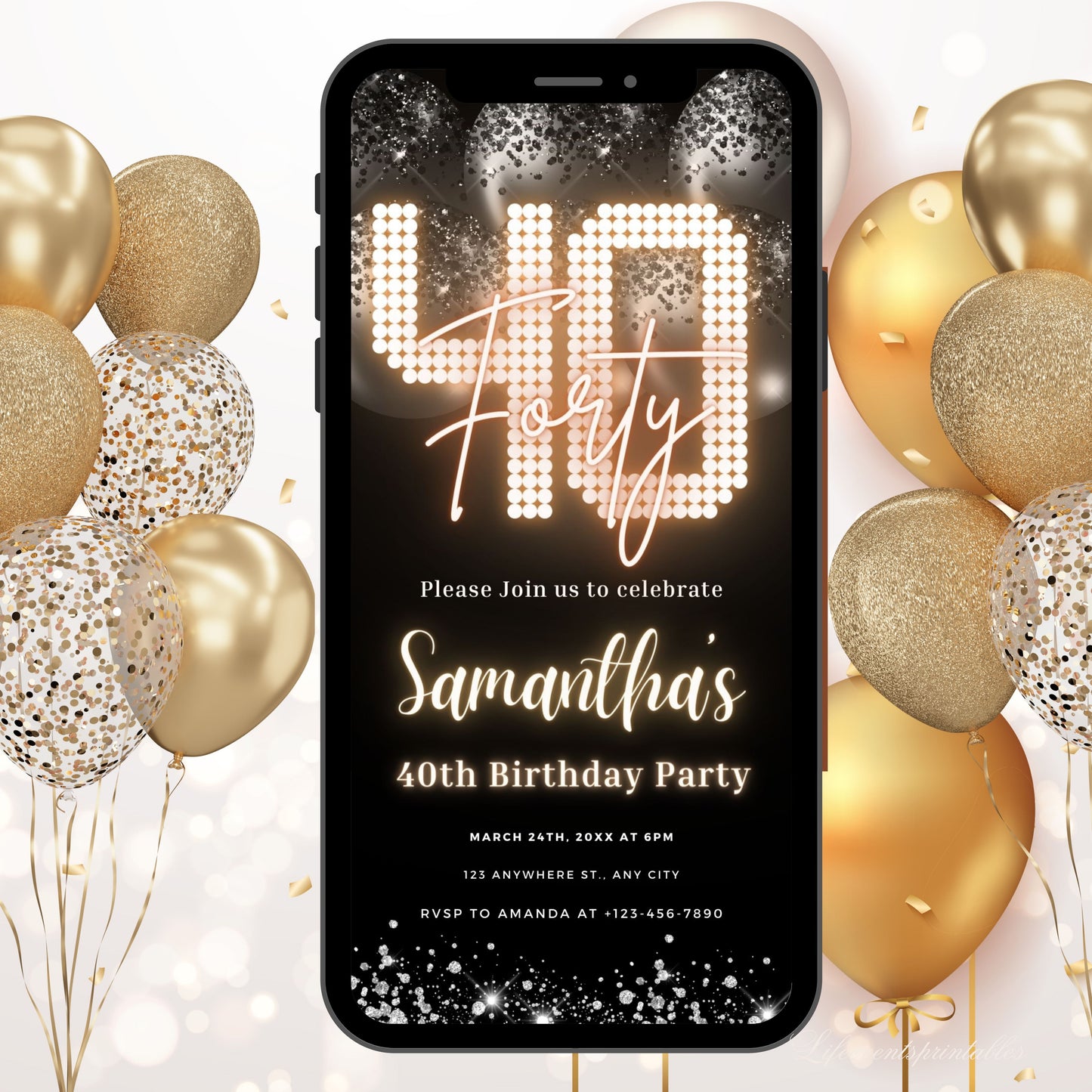 Digital 40th Birthday Invitation Template For Her Gold, Neon Fortieth Black Gold Balloon Invite For Him, Editable Itinerary eCard