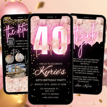 Digital Rosegold 40th Birthday Invitation Template For Her, Animated Fortieth Black Gold Balloon Invite, Editable Pink Itinerary Ecard