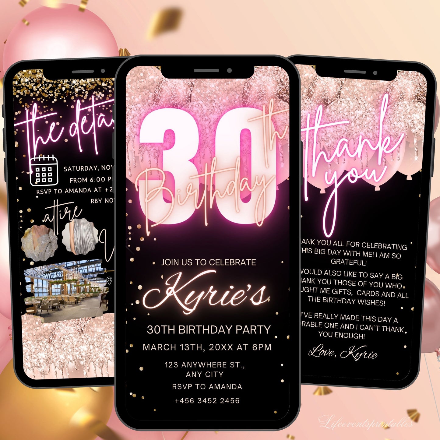 Digital Rosegold 30th Birthday Invitation Template For Her, Animated Thirtieth Black Rose Gold Balloon Invite, Editable Pink Itinerary Ecard