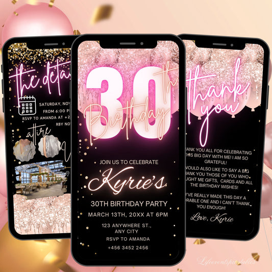 Digital Rosegold 30th Birthday Invitation Template For Her, Animated Thirtieth Black Rose Gold Balloon Invite, Editable Pink Itinerary Ecard