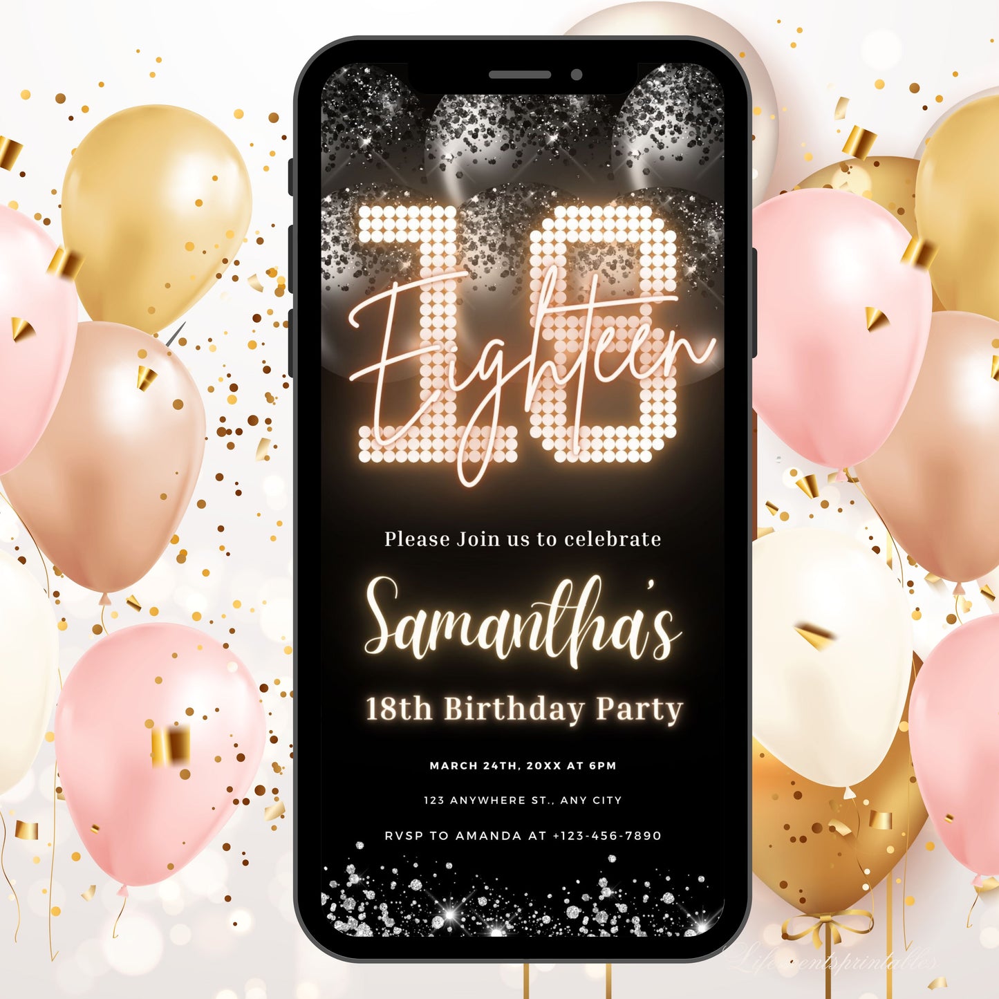 Digital 18th Birthday Invitation Template, Electronic 18th Party Invite, Black Neon Text Evite, Balloon Digital Invite Glitter Birthday