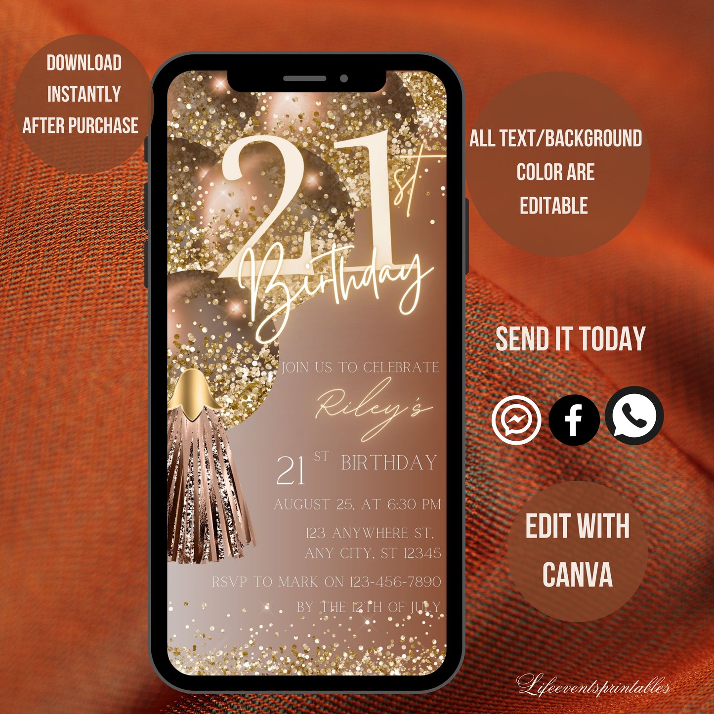 Digital Twenty One 21st Birthday Invitation Template 21th Electronic Birthday Invite Rose Gold Birthday Invitation, Editable Text Message