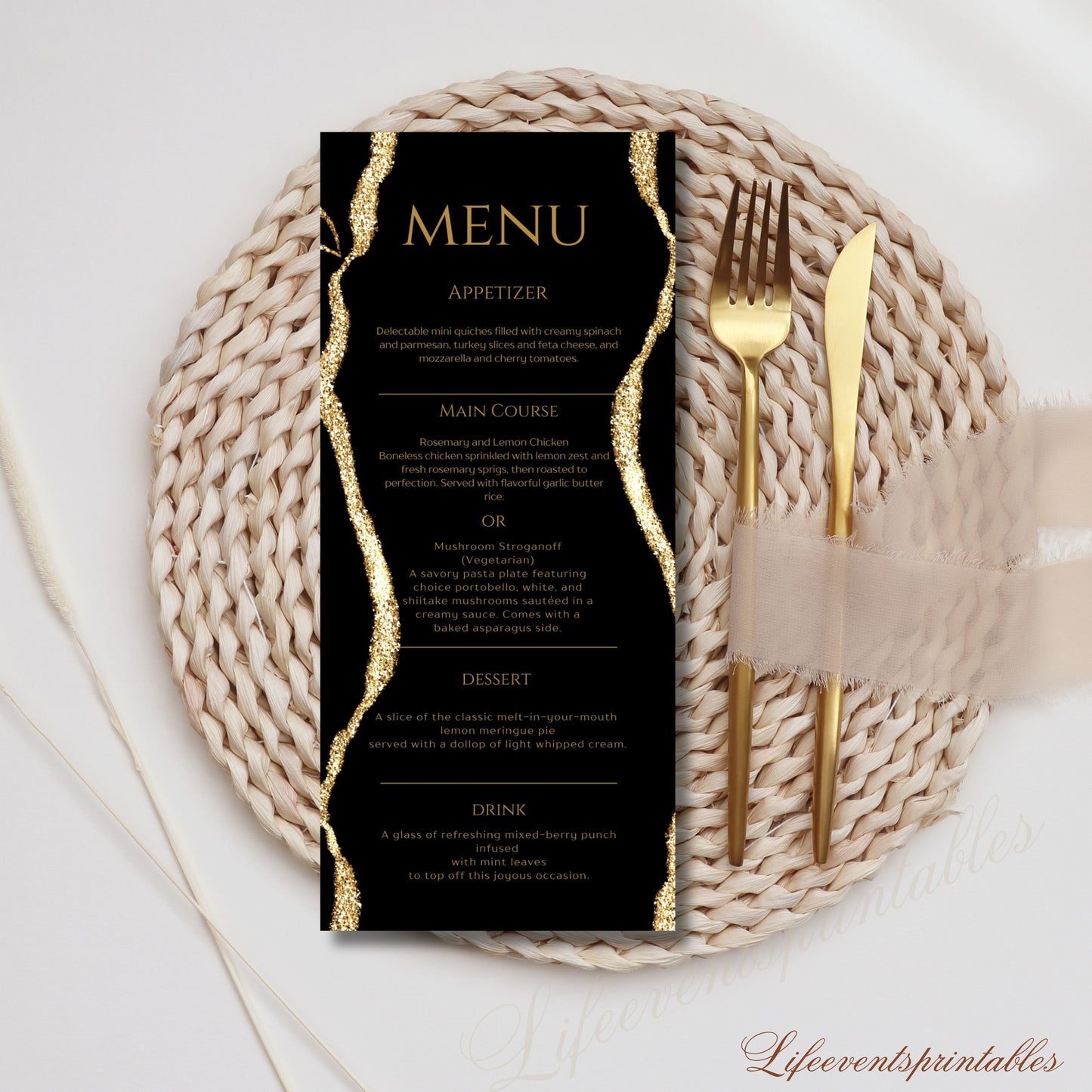 Printable Birthday Party Menu Template, Black Gold Printable Agate Menu Card, Birthday Dinner Table Menu, Birthday Menu Black Gold