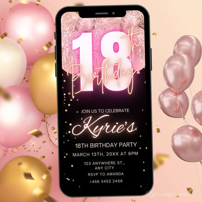 Digital Rose Gold 18th Birthday Invitation Template For Girls, Animated Electronic Rose Gold Balloon Eighteenth Birthday Invites