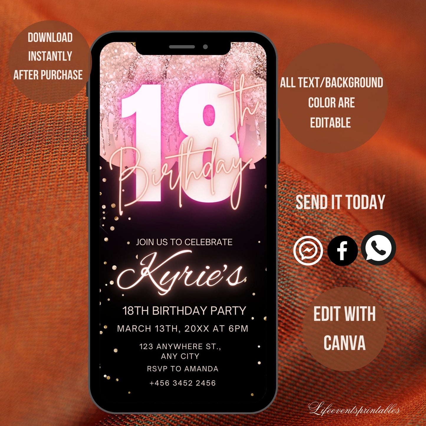 Digital Rose Gold 18th Birthday Invitation Template For Girls, Animated Electronic Rose Gold Balloon Eighteenth Birthday Invites