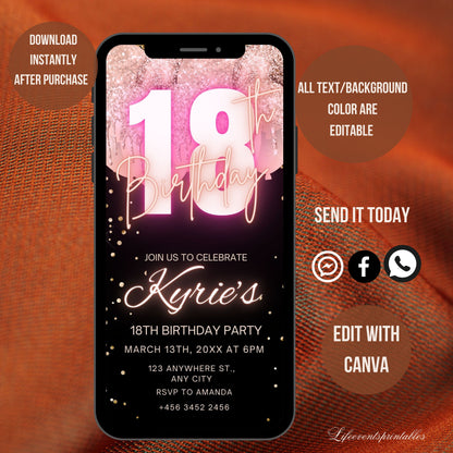 Digital Rose Gold 18th Birthday Invitation Template For Girls, Animated Electronic Rose Gold Balloon Eighteenth Birthday Invites