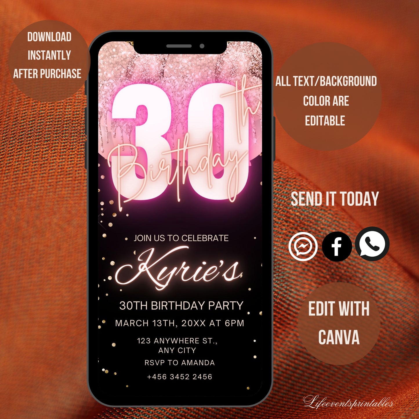 Digital Rosegold 30th Birthday Invitation Template For Her, Animated Thirtieth Black Rose Gold Balloon Invite, Editable Pink Itinerary Ecard