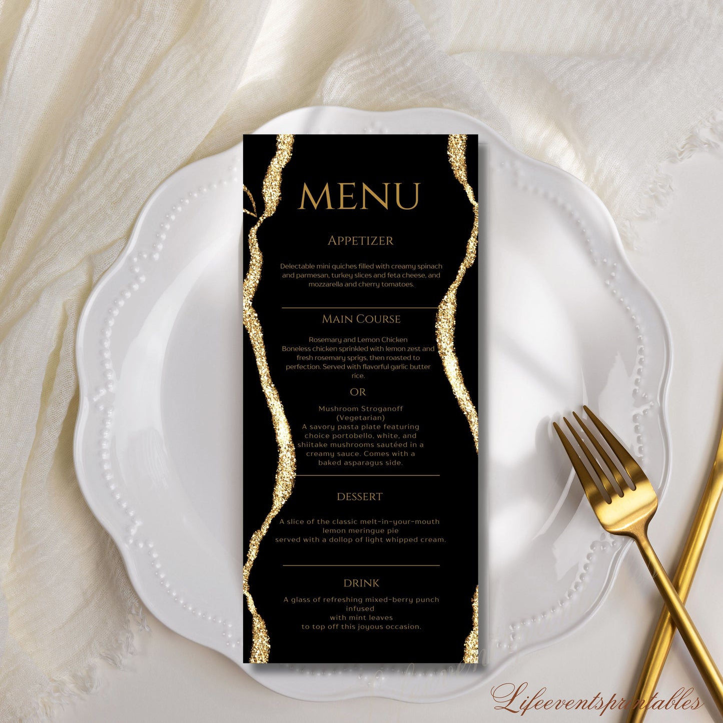 Printable Birthday Party Menu Template, Black Gold Printable Agate Menu Card, Birthday Dinner Table Menu, Birthday Menu Black Gold