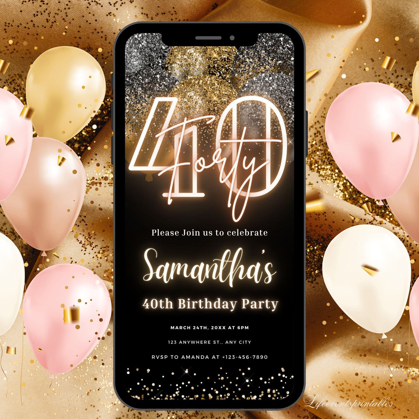 Digital 40th Birthday Invitation Template For Her Gold, Neon Fortieth Black Gold Balloon Invite For Him, Editable Itinerary eCard