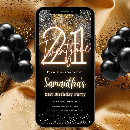 Digital Twenty One 21st Birthday Invitation Template 21st Electronic Birthday Invite Black Gold Birthday Invitation, Editable Text Message