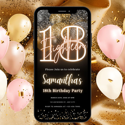 Digital 18th Birthday Invitation Template, Electronic 18th Party Invite, Black Gold Neon Text Evite, Balloon Digital Invite Glitter Birthday