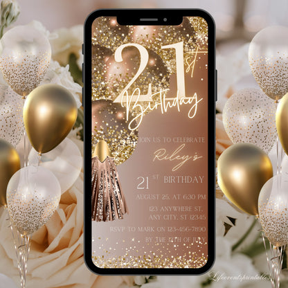 Digital Twenty One 21st Birthday Invitation Template 21th Electronic Birthday Invite Rose Gold Birthday Invitation, Editable Text Message