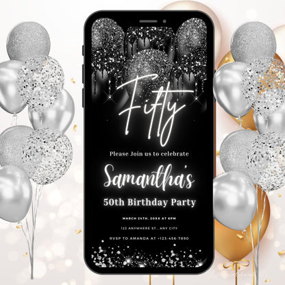 Digital 50th Birthday Invitation Template For Her Gold, Neon Fiftieth Black Gold Balloon Invite For Him, Editable Itinerary eCard