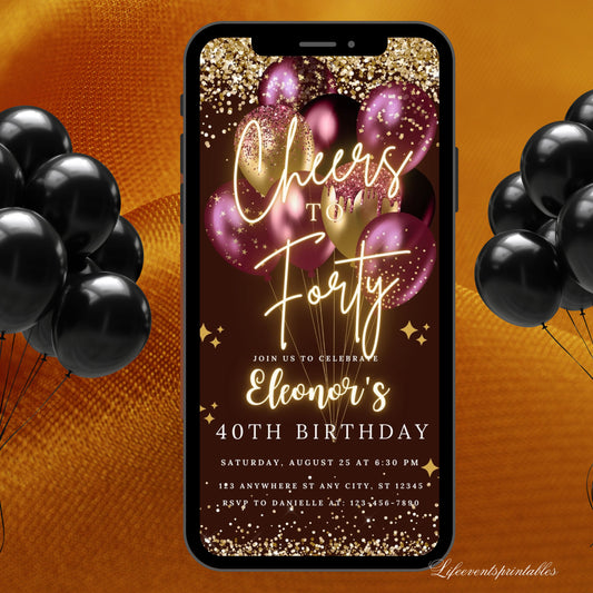 Digital 40th Birthday Invitation Template For Her Gold, Neon Fortieth Purple Gold Balloon Invite For Him, Editable Itinerary eCard