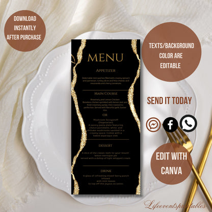 Printable Birthday Party Menu Template, Black Gold Printable Agate Menu Card, Birthday Dinner Table Menu, Birthday Menu Black Gold