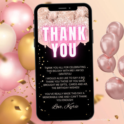 Digital Rosegold 30th Birthday Invitation Template For Her, Animated Thirtieth Black Rose Gold Balloon Invite, Editable Pink Itinerary Ecard