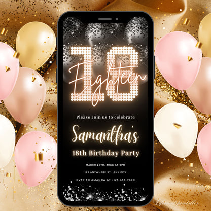 Digital 18th Birthday Invitation Template, Electronic 18th Party Invite, Black Neon Text Evite, Balloon Digital Invite Glitter Birthday