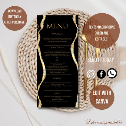 Printable Birthday Party Menu Template, Black Gold Printable Agate Menu Card, Birthday Dinner Table Menu, Birthday Menu Black Gold