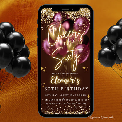 Digital 60th Birthday Invitation Template For Her Gold, Neon Sixtieth Purple Gold Balloon Invite For Him, Editable Itinerary eCard