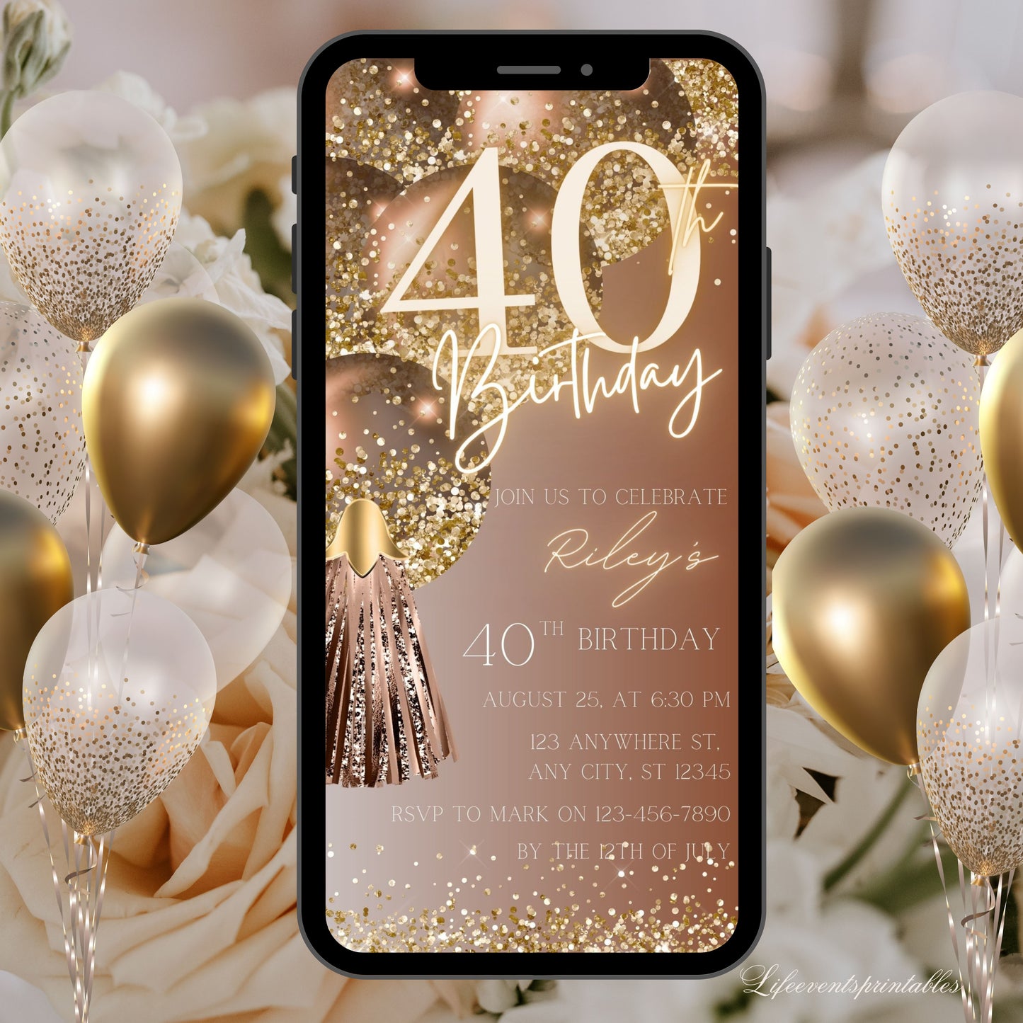 Forty Birthday Invitation, 40th Birthday invite, Fortieth E-Invite Template, Text Message Invitation, Digital Invite, Mobile Phone Evite