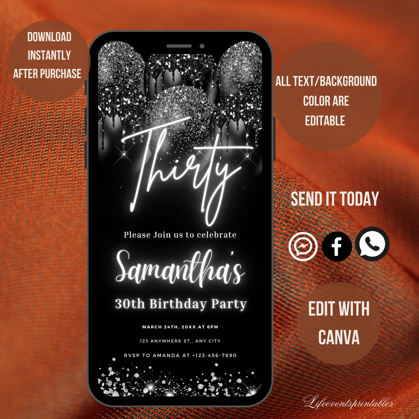 Thirty Birthday Invitation, 30th Birthday invite, Thirtieth E-Invite Template, Text Message Invitation, Digital Invite, Mobile Phone Evite