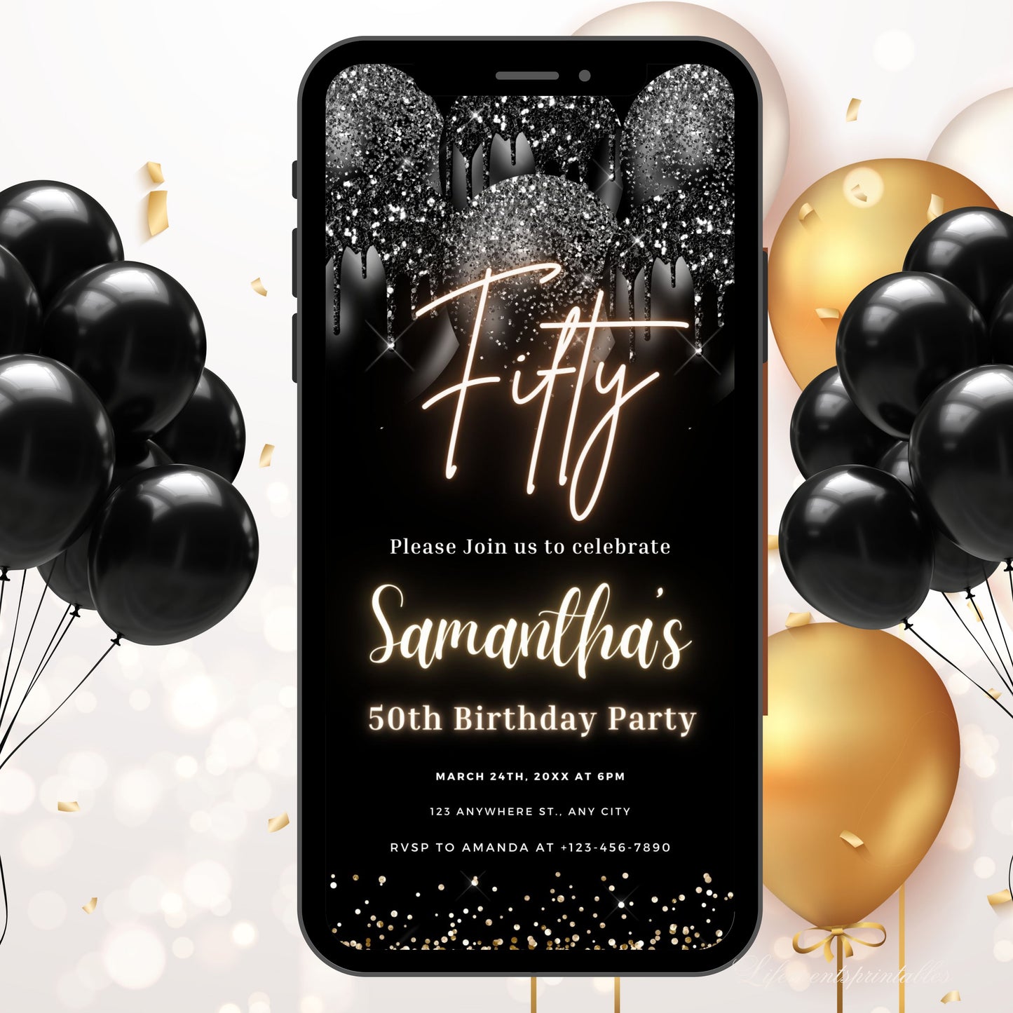 Digital 50th Birthday Invitation Template For Her Gold, Neon Fiftieth Black Gold Balloon Invite For Him, Editable Itinerary eCard